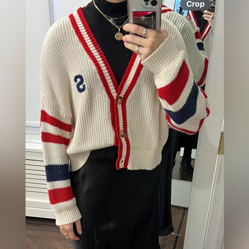Stradivarius Varsity knit cream Cardigan with blue and red stripe